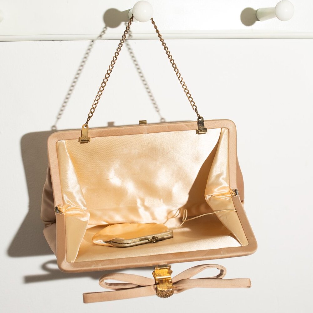 Gold Satin Bow Evening Bag with Chain - Picture 3 of 5